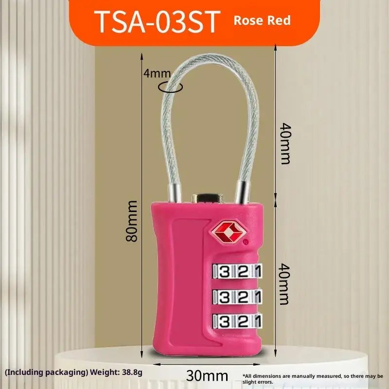 Rosa TSA-03ST Rose Red tragbares Reisegepäckschloss mit silbernem Draht und nummerierten Drehknöpfen.