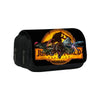 Black pencil case featuring a Jurassic World themed graphic with dinosaurs and fire background
