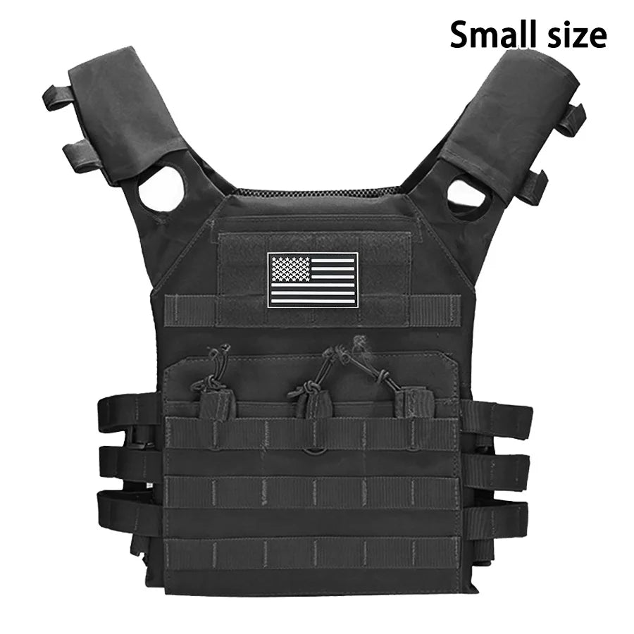 Black multifunctional MOLLE training vest with a flag emblem