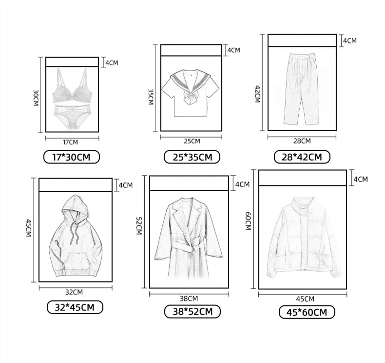 Dessins techniques montrant différentes tailles et dimensions pour des sacs d'envoi auto-scellants à motifs floraux.
