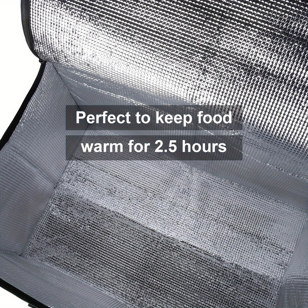 A close-up view of a silver reusable insulated warming bag set with a mesh lining.