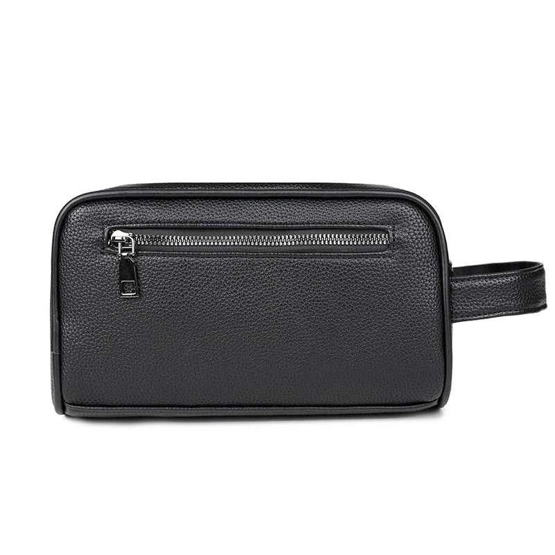 Pochette de soirée en cuir PU noir pour hommes avec fermeture éclair et sangle.