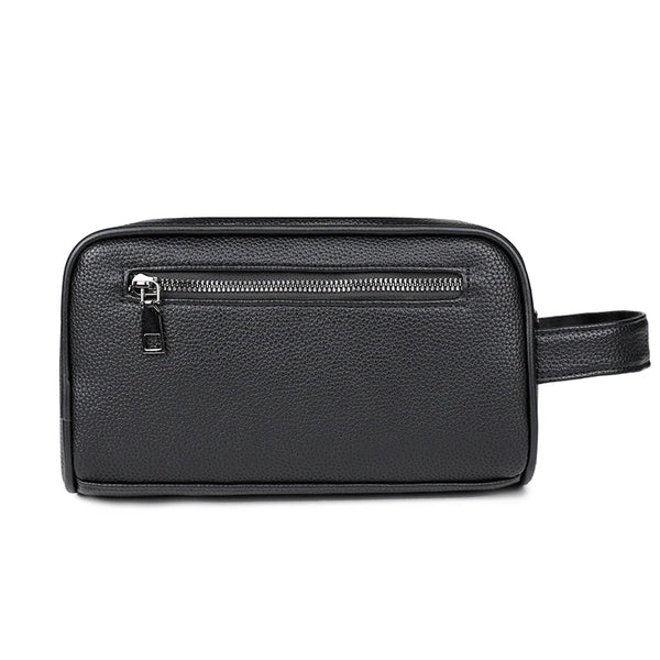 Black men's PU leather clutch bag with a zipper and strap.