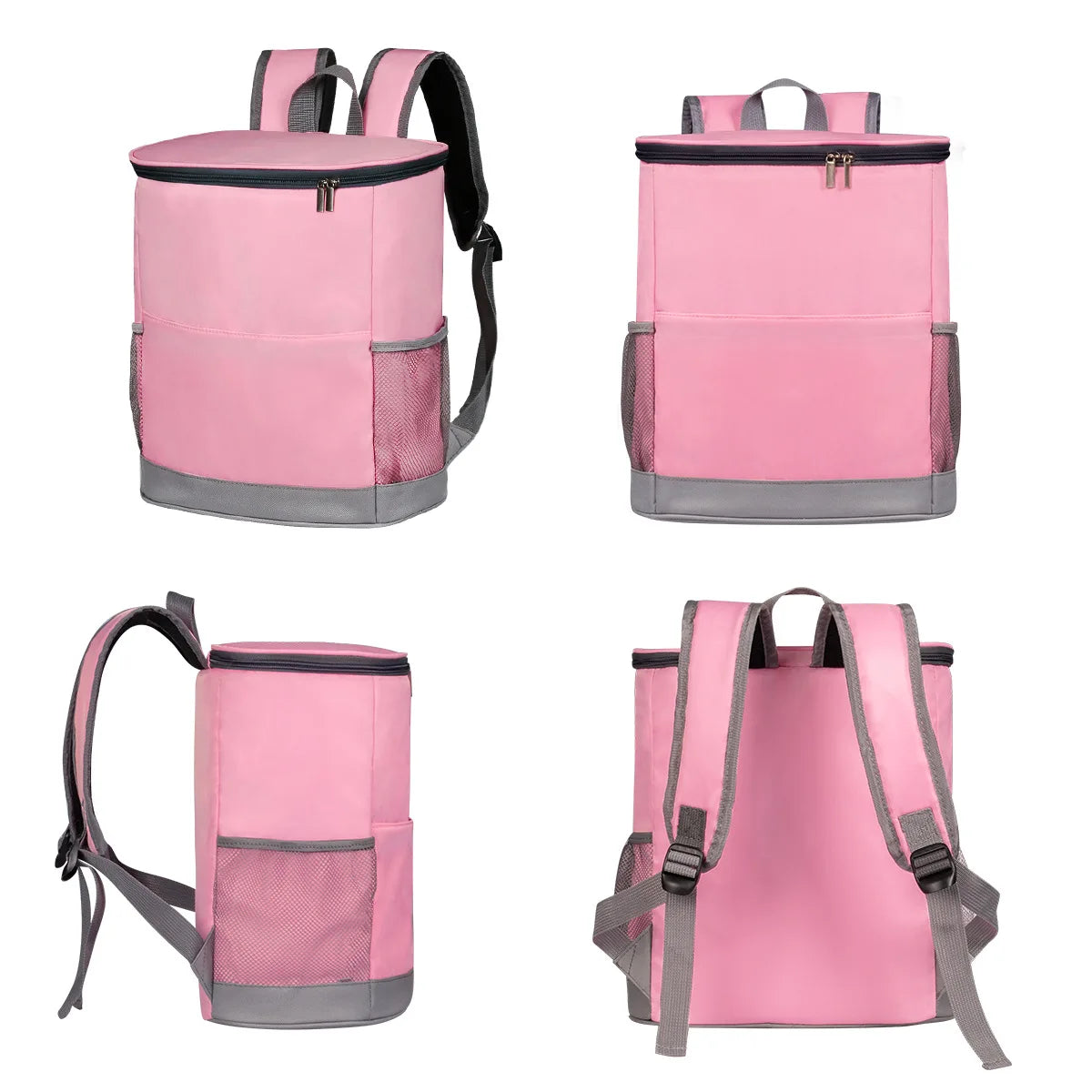 Pink heavy duty leak-proof cooler backpack shown in multiple views