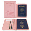 A pink passport holder displaying a dark blue passport with the United States of America seal.