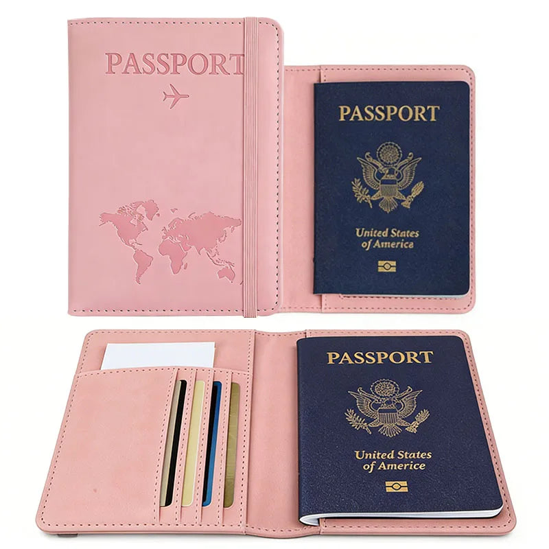 A pink passport holder displaying a dark blue passport with the United States of America seal.