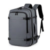 A gray expandable travel backpack designed for carrying a laptop and gear.