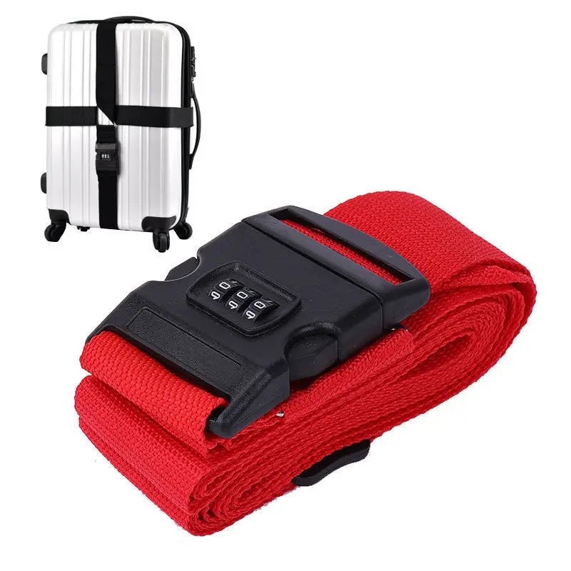 A red adjustable luggage cross strap with a black combination lock rolled up.