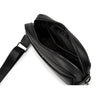 Black men's PU leather crossbody messenger bag with a black strap shown open.