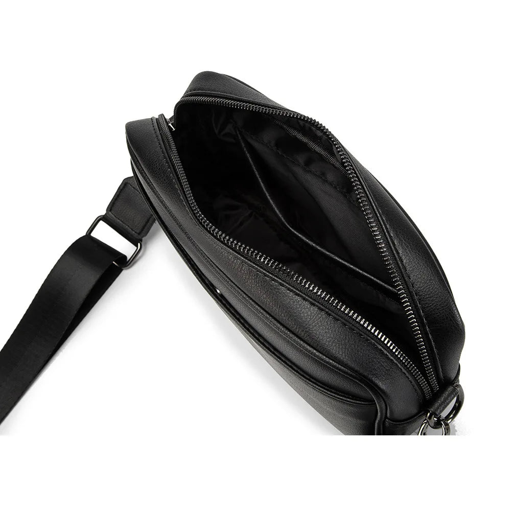 Black men's PU leather crossbody messenger bag with a black strap shown open.