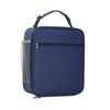 Dunkelblaue isolierte Oxford-Stoff-Lunchtasche mit Netzfach und schwarzem Riemen.