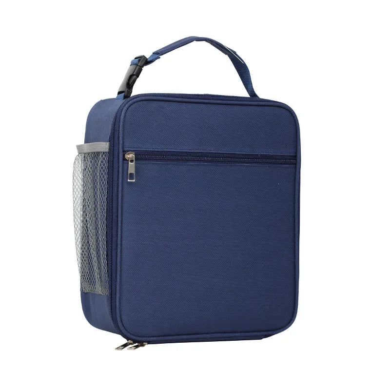 Dunkelblaue isolierte Oxford-Stoff-Lunchtasche mit Netzfach und schwarzem Riemen.
