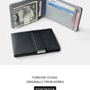 A black slim leather bi-fold wallet with a silver money clip and various cards.