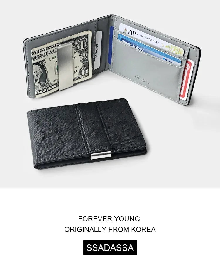 A black slim leather bi-fold wallet with a silver money clip and various cards.