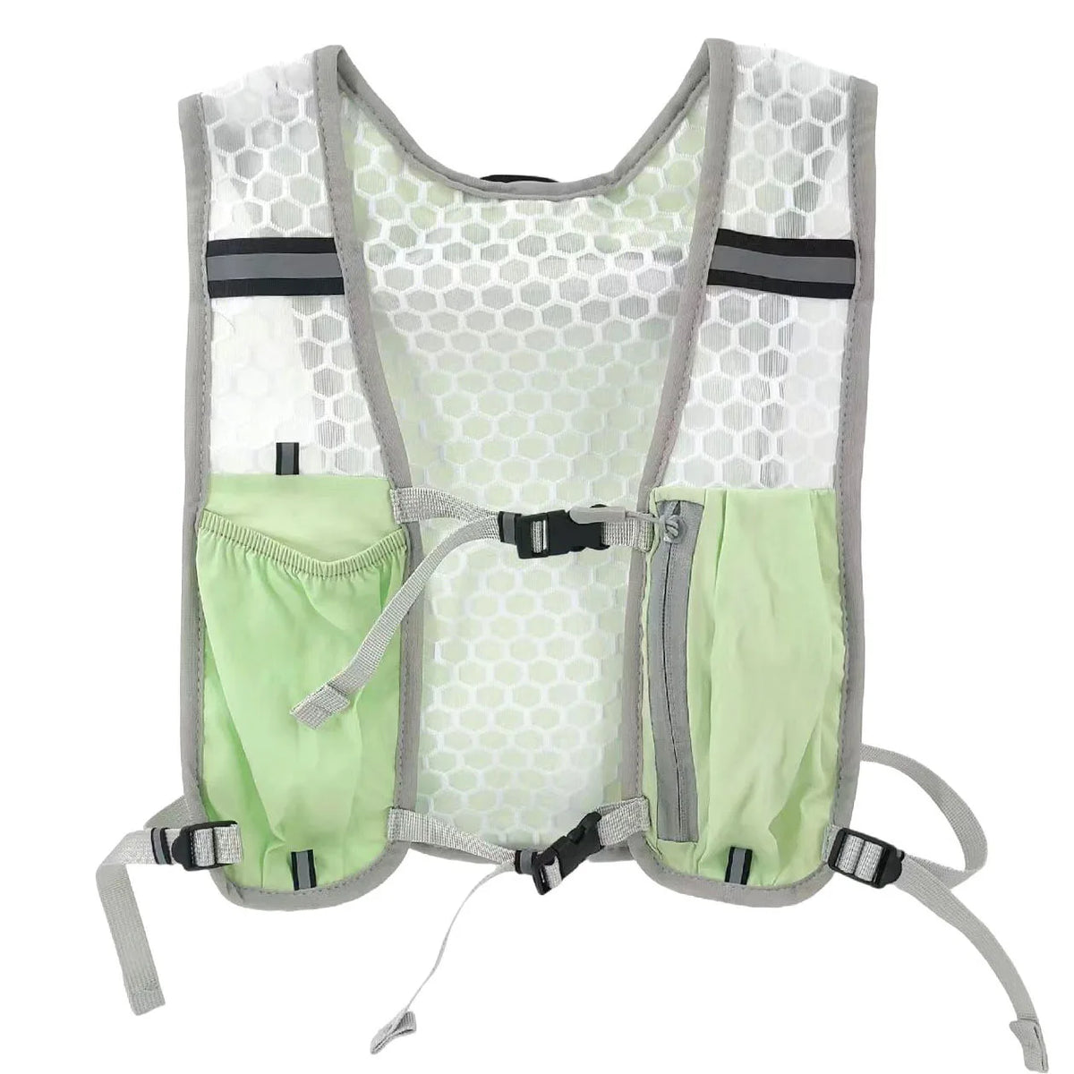 A light green and gray adjustable hydration running vest for fitness.