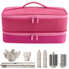 A pink double-layer storage case for a hair dryer and accessories, shown alongside the hair dryer and various attachments.