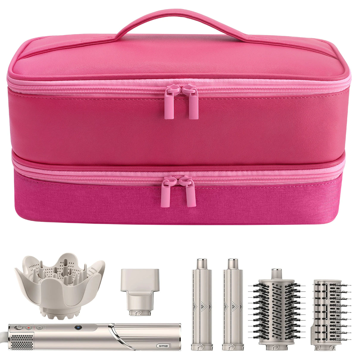 A pink double-layer storage case for a hair dryer and accessories, shown alongside the hair dryer and various attachments.