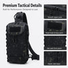 A black tactical sling bag with camouflage pattern showing various features like zipper pulls, hook patches, and elastic side