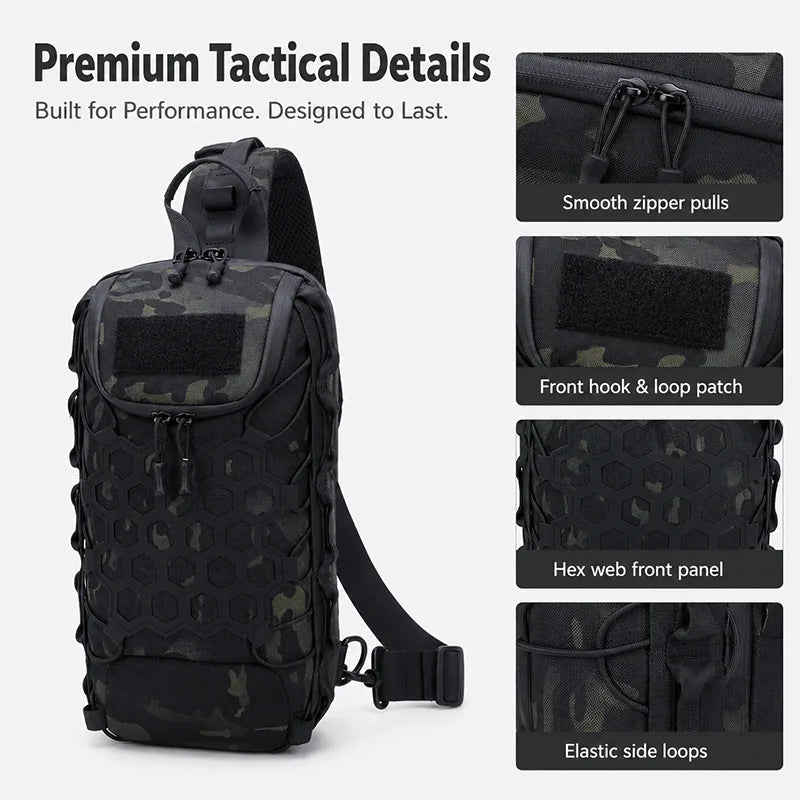 A black tactical sling bag with camouflage pattern showing various features like zipper pulls, hook and loop patches, and ela