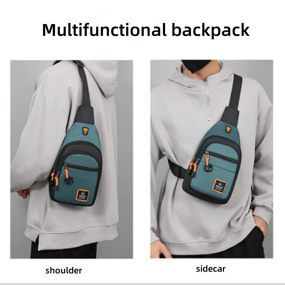 Türkisfarbener Multifunktionsrucksack in Schulter- und Seitenansicht über einem grauen Hoodie.
