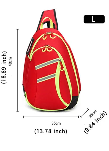 Red medical crossbody bag with yellow accents shown from the back and side.
