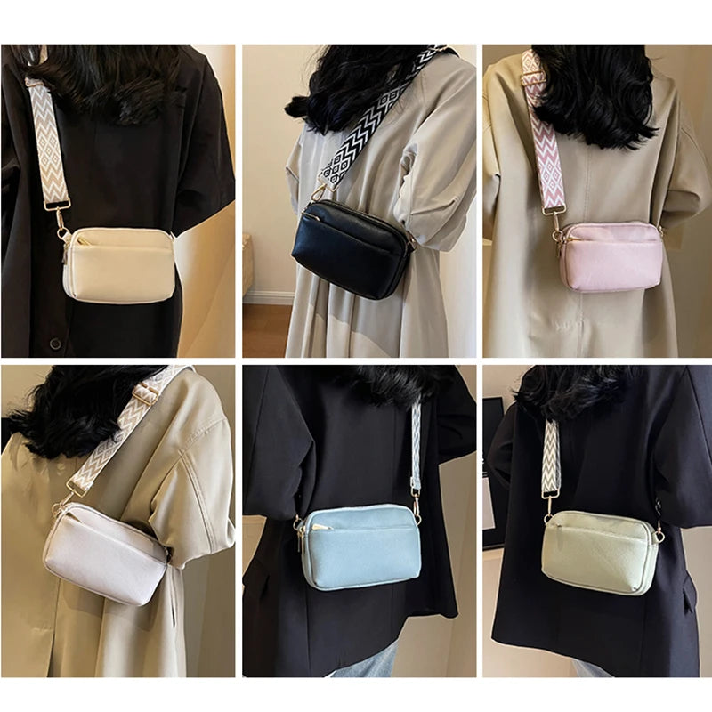 A collection of vegan PU crossbody bags in beige, pink, and light blue colors shown on a model.