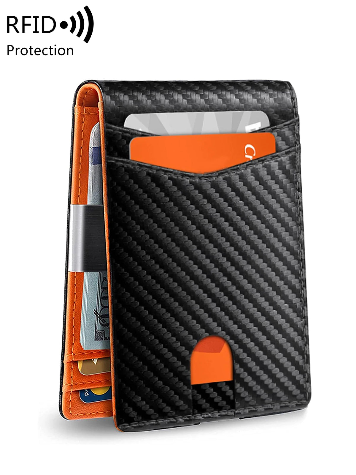 A black minimalist slim wallet with an orange accent, showing a card slot and a pen holder.