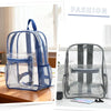 A clear transparent blue PVC backpack for kids and students shown next to a black mesh version.