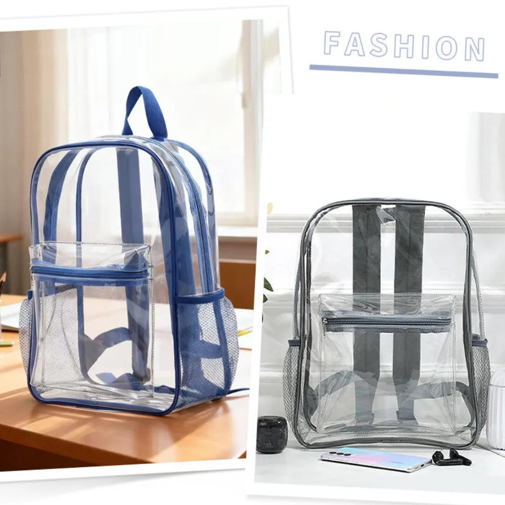 A clear transparent blue PVC backpack for kids and students shown next to a black mesh version.
