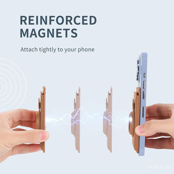 A hand attaches a brown MagSafe card wallet with an AirTag pocket to an iPhone.