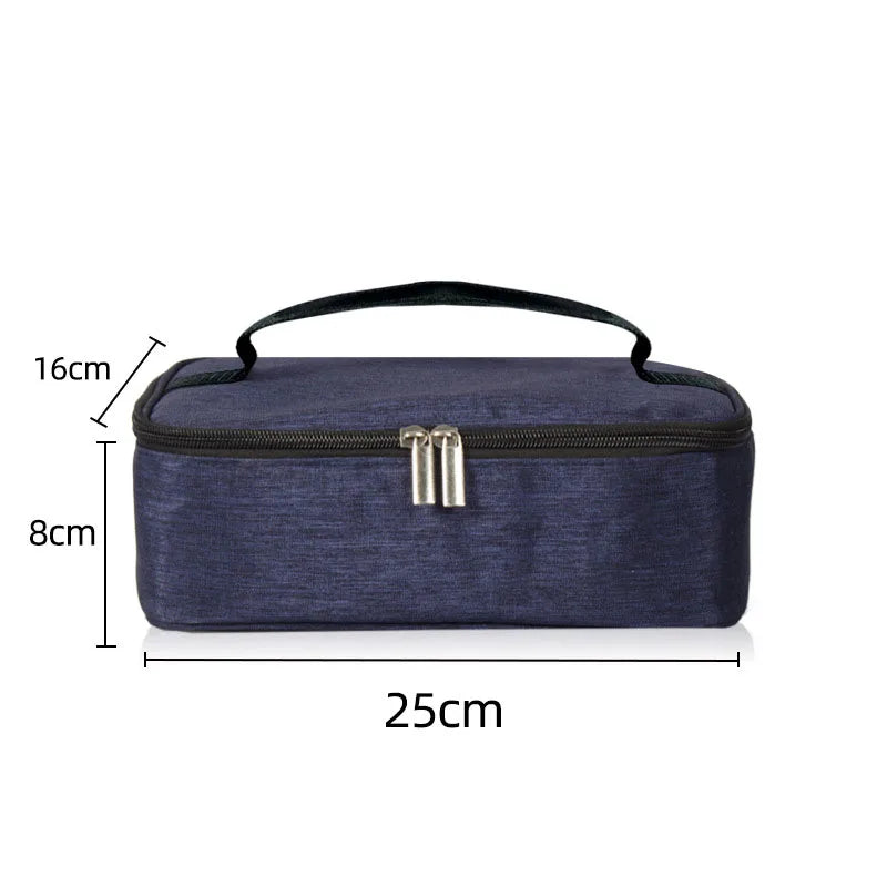 A dark blue insulated mini lunch bag with a handle, shown flat.
