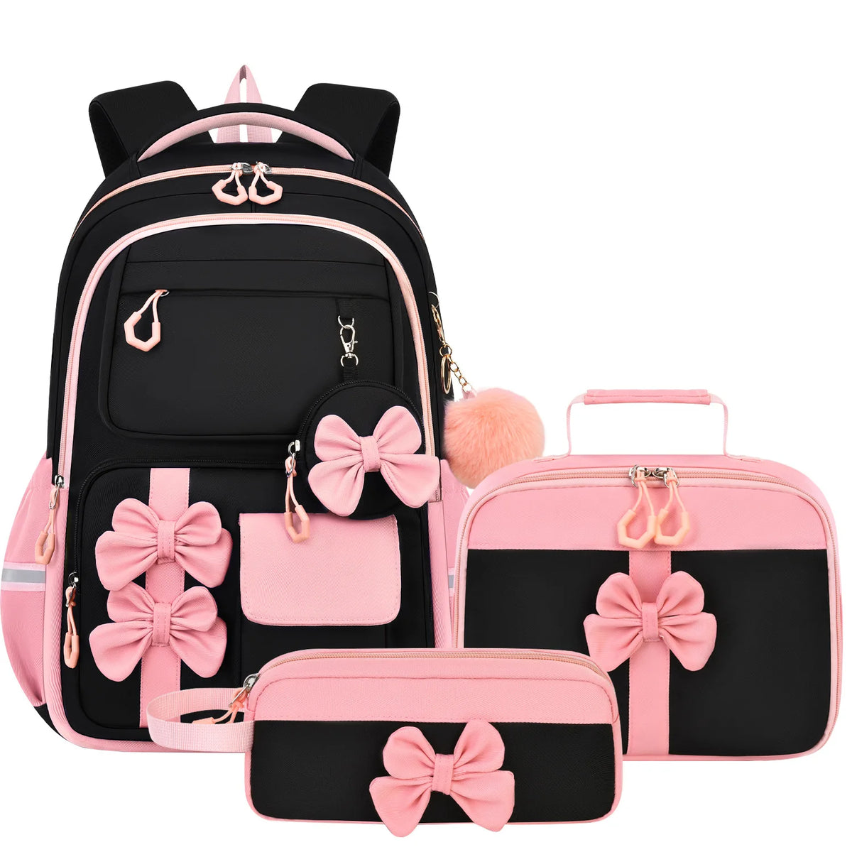 A pink and black nylon school backpack set featuring decorative bows for girls.