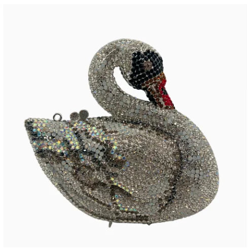 Pochette à clochette en cristal argenté en forme de cygne avec une tête à motifs sombres.