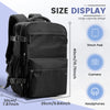 Black travel compression backpack showing size display measurements and features like a 11 inch pad, camera compartment, and 