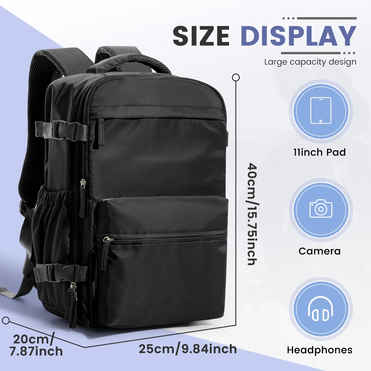 Black travel compression backpack showing size display measurements and features like a 11 inch pad, camera compartment, and 