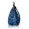A dark blue multifunctional helmet backpack with black straps and a patterned fabric is shown against a white background.