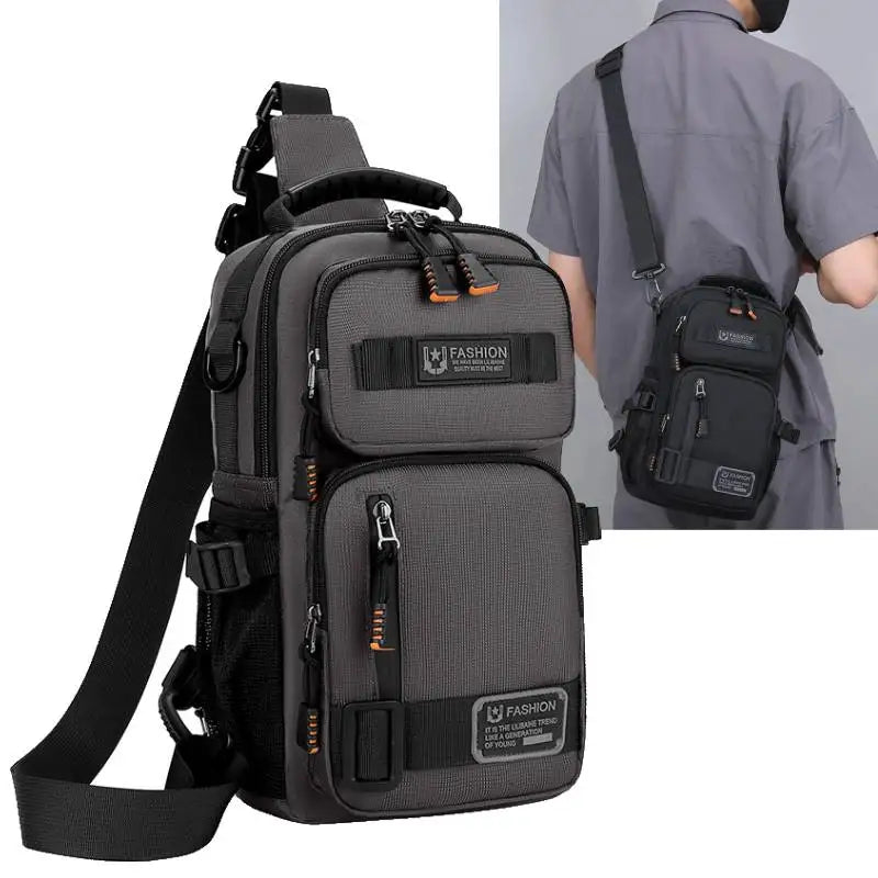 A dark gray multifunctional chest bag worn by a man, shown with a separate strap and an attached pouch.