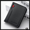 A black ultra-thin PU leather credit card wallet is shown on a white surface.
