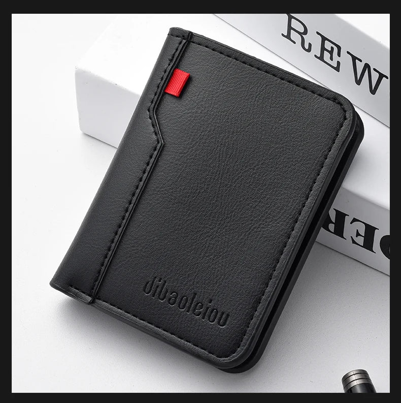 A black ultra-thin PU leather credit card wallet is shown on a white surface.