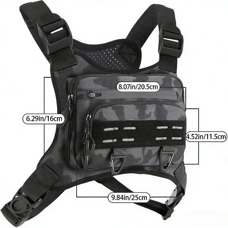Black ultralight tactical chest bag with reflective strips and adjustable straps