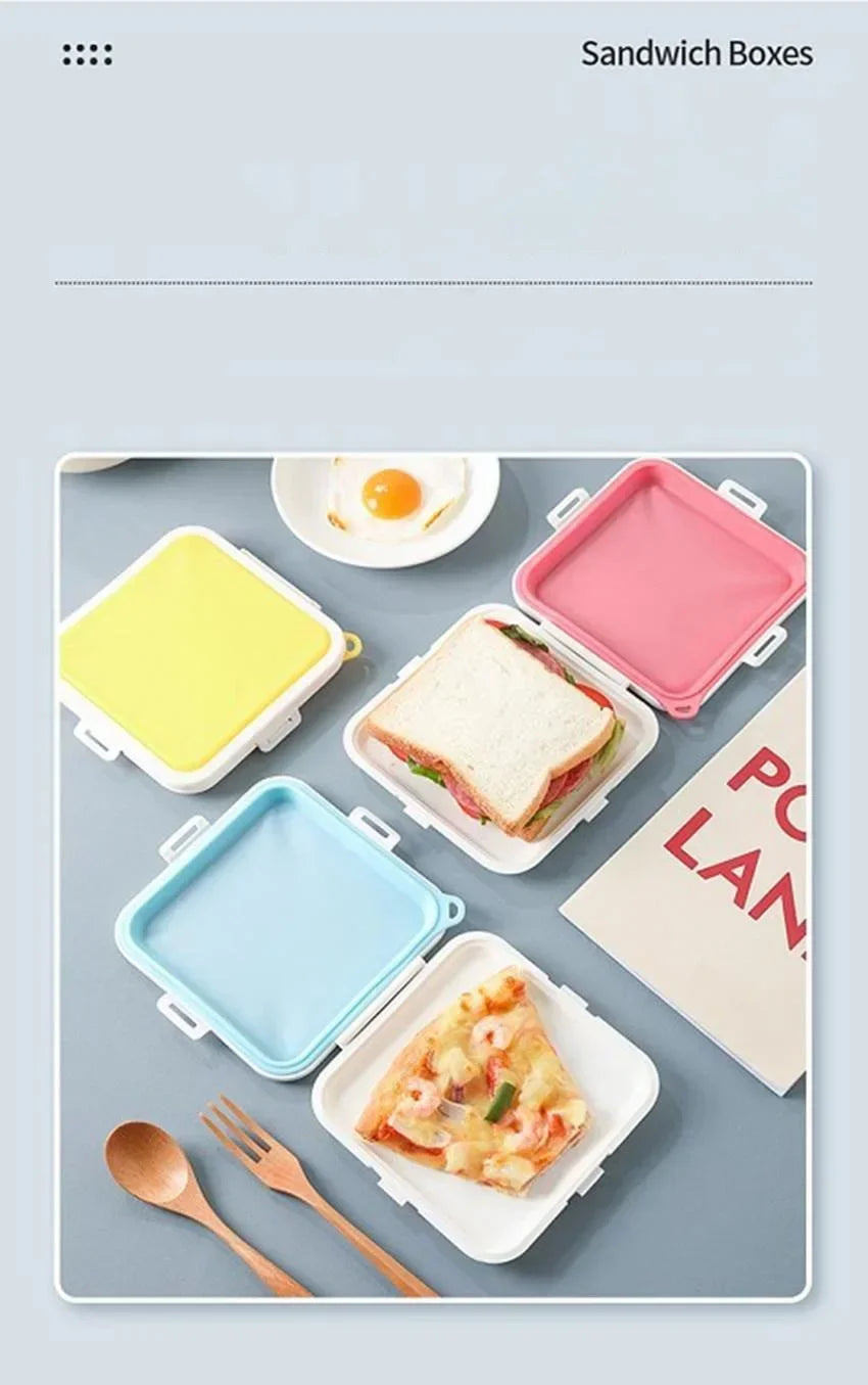 A collection of silicone reusable sandwich and lunch containers in various colors like yellow, pink, and blue, shown on a lig