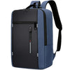 A dark blue laptop backpack with black accents and a padded shoulder strap.