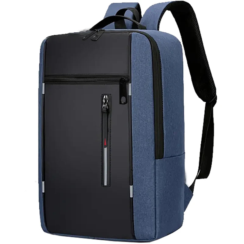A dark blue laptop backpack with black accents and a padded shoulder strap.