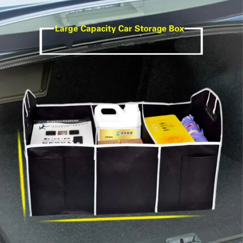 A large capacity car storage box organizer with multiple pockets and a foldable design shown inside a vehicle trunk.