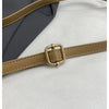 A close-up of a Michael Kors Classic Letter Square crossbody bag featuring tan leather strap and gold hardware.
