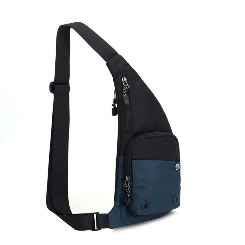 Black versatile crossbody sling bag with a navy blue accent panel