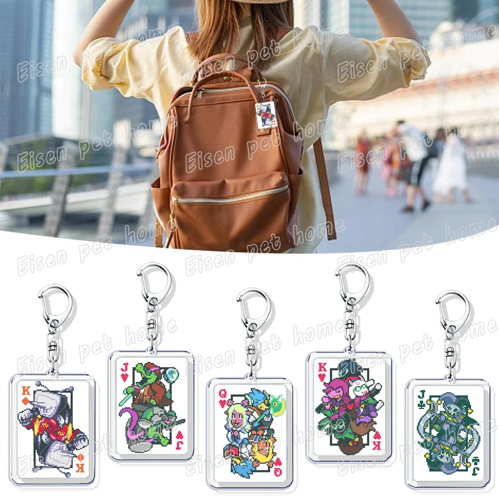 Keychain featuring Deltarune chibi poker cards in various designs and colors