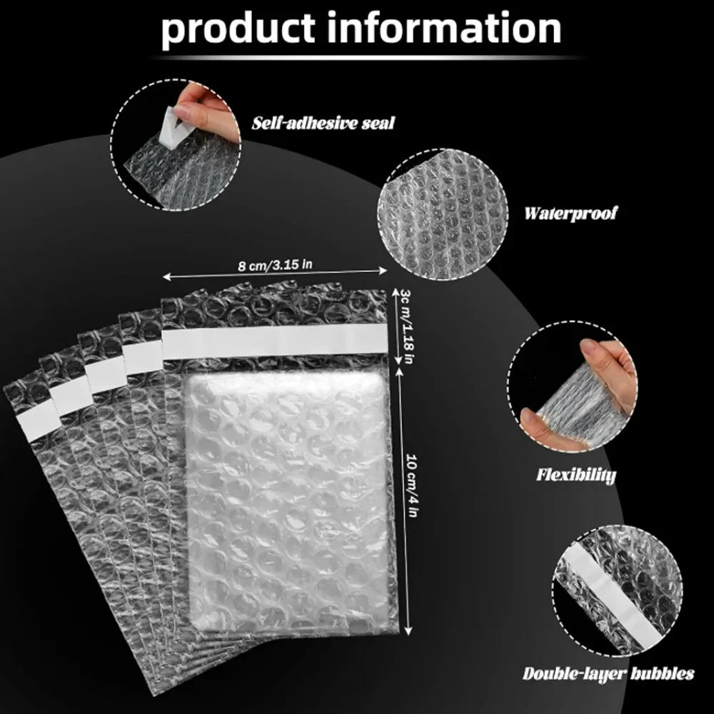A transparent bubble mailer bag showing features like self-adhesive seal, waterproof protection, flexibility, and double-laye