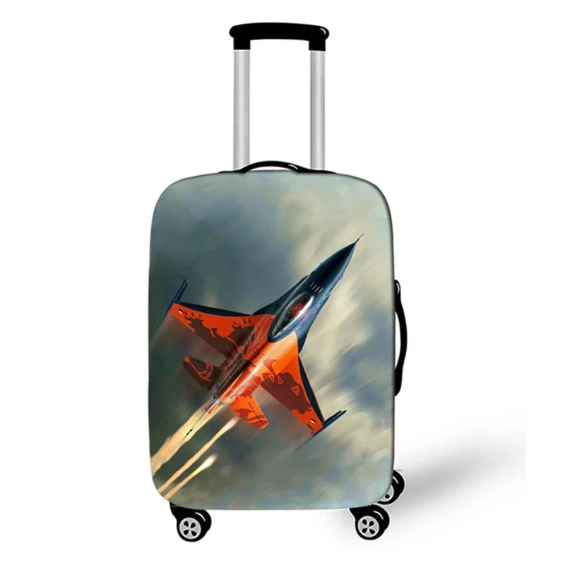 A gray suitcase with a graphic of a red and orange fighter jet flying across a cloudy sky.