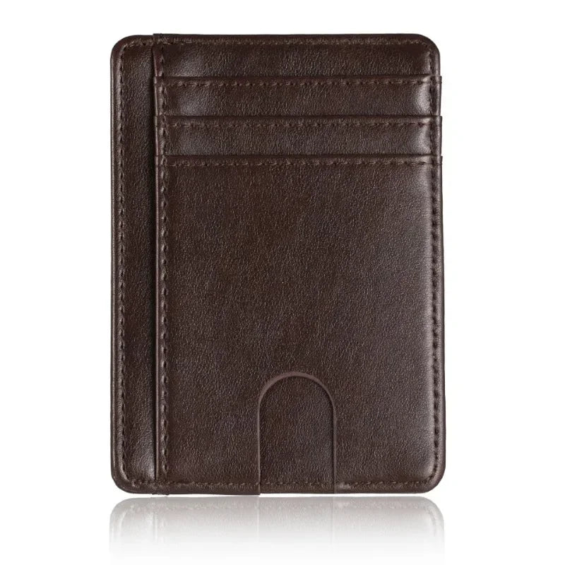 A dark brown slim PU leather card holder wallet shown from the front.